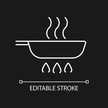 Koyu renk tema için kızartma beyazı doğrusal simgesi. Akşam yemeği için malzemeyi fırında pişiriyorum. İnce çizgi özelleştirilebilir illüstrasyon. Gece modu için izole vektör kontur sembolü. Düzenlenebilir vuruş