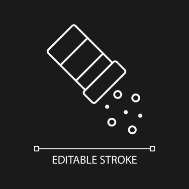 Koyu renk tema için beyaz tuz doğrusal simgesi serpin. Biberli baharat tabağı. Baharat dökülüyor. İnce çizgi özelleştirilebilir illüstrasyon. Gece modu için izole vektör kontur sembolü. Düzenlenebilir vuruş