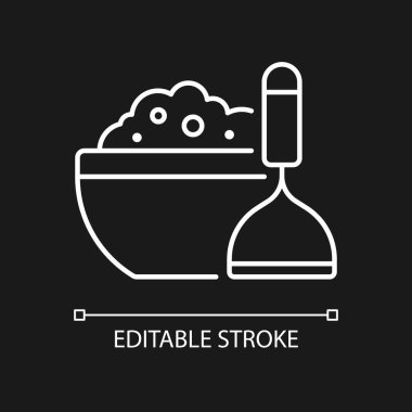 Koyu renk tema için patates püresi beyaz doğrusal simgesi. Vejetaryen sosu tarifi. Şükran Günü yemeği. Besleyici yemek. İnce çizgi özelleştirilebilir illüstrasyon. Gece modu için izole vektör kontur sembolü. Düzenlenebilir vuruş