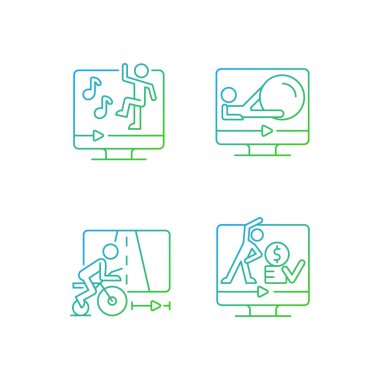 Çevrimiçi fitness atletizm eğitimleri doğrusal vektör simgeleri ayarlandı. Sanal çekirdek top, dans ve bisiklet egzersizleri. İnce çizgili sembol demetleri. İzole vektör ana hatları illüstrasyon koleksiyonu