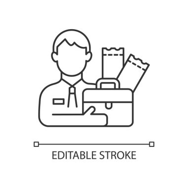 Piyango temsilcisi doğrusal ikonu. Katılımcı ve piyango bileti dağıtımcısı arasında bir aracı. İnce çizgi özelleştirilebilir illüstrasyon. Contour sembolü. Vektör izole çizim. Düzenlenebilir vuruş