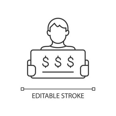 Loto ödüllü doğrusal ikon. Çekiliş temelli oyundan bilet almak. Ödül kazanan bilet sahibi. İnce çizgi özelleştirilebilir illüstrasyon. Contour sembolü. Vektör izole çizim. Düzenlenebilir vuruş