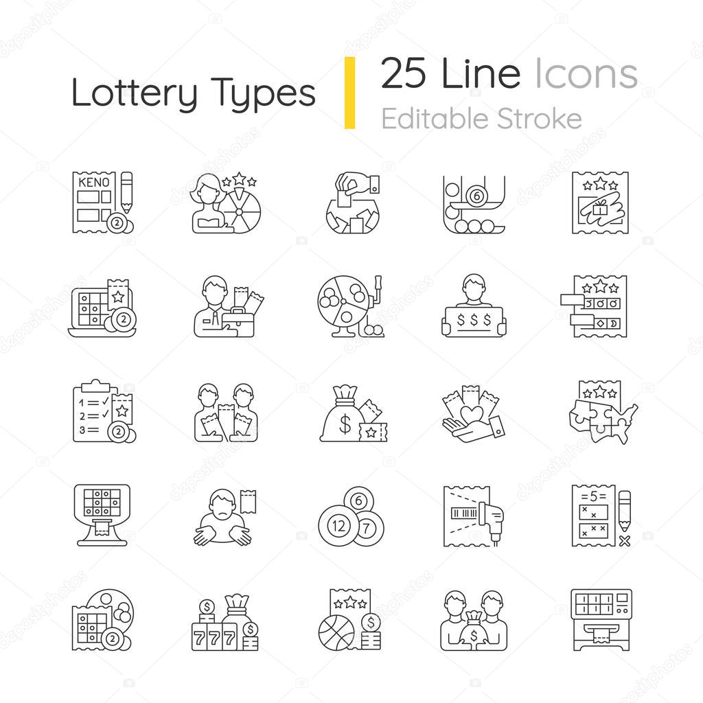 Lottery types linear icons set. Gambling games. Winning jackpot. Scratch cards. Receive cash prizes. Customizable thin line contour symbols. Isolated vector outline illustrations. Editable stroke