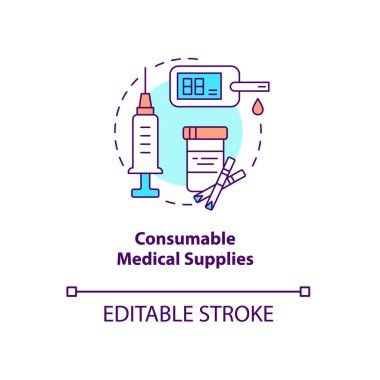 Tüketilebilir tıbbi malzeme konsept ikonu. İnsani yardım ekipmanları soyut fikirler ince çizgi çizimi. İlk yardım çantası. İlaç sandığı. Vektör izole edilmiş dış hat renk çizimi. Düzenlenebilir vuruş