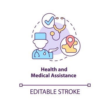 Sağlık ve tıbbi yardım kavramı ikonu. Uygun bireyler için insani yardım programı soyut fikirleri ince çizgi çizimleriyle ilgilenir. Vektör izole edilmiş dış hat renk çizimi. Düzenlenebilir vuruş
