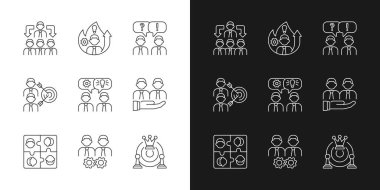 Takım çalışma simgeleri karanlık ve aydınlık moduna ayarlandı. İş birliği. İş arkadaşları etkileşim ve uyum içinde. Özelleştirilebilir ince çizgi sembolleri. İzole vektör çizimi çizimleri. Düzenlenebilir vuruş