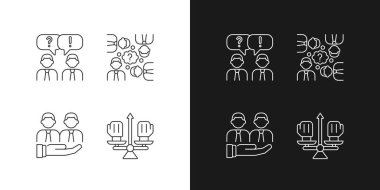 Koyu ve aydınlık mod için kollektif çalışma doğrusal simgeleri ayarlandı. Ofis iletişimi ve desteği. Çatışma yönetimi. Özelleştirilebilir ince çizgi sembolleri. İzole vektör çizimi çizimleri. Düzenlenebilir vuruş
