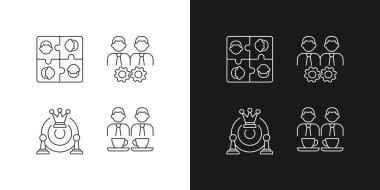 Ofis üyeleri, karanlık ve aydınlık mod için doğrusal etkileşim simgeleri oluşturuldu. Hedefe birlikte yaklaşın. İş etkinliği. Özelleştirilebilir ince çizgi sembolleri. İzole vektör çizimi çizimleri. Düzenlenebilir vuruş