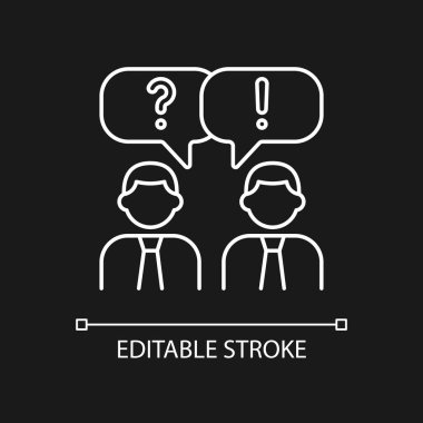 Karanlık tema için iletişim beyaz doğrusal simgesi. İnsanlar konuşuyor. Sözlü ve sözsüz iletişim. İnce çizgi özelleştirilebilir illüstrasyon. Gece modu için izole vektör kontur sembolü. Düzenlenebilir vuruş