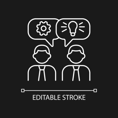 Karanlık tema için beyin fırtınası yapan beyaz doğrusal simge. Ekipte fikirler ve çözümler üretiyor. Beyin fırtınası. İnce çizgi özelleştirilebilir illüstrasyon. Gece modu için izole vektör kontur sembolü. Düzenlenebilir vuruş