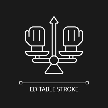 Karanlık tema için çatışma yönetimi beyaz doğrusal simgesi. Profesyonel çatışma çözümü. Uzlaşma. İnce çizgi özelleştirilebilir illüstrasyon. Gece modu için izole vektör kontur sembolü. Düzenlenebilir vuruş