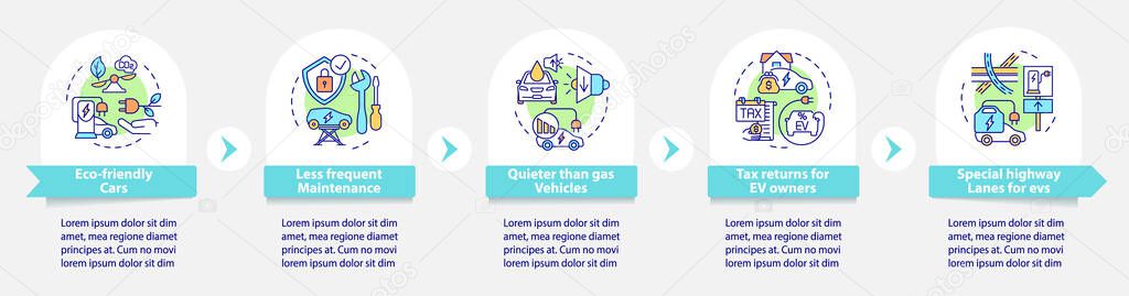 Eco-friendly car advantages vector infographic template. EV benefits presentation outline design elements. Data visualization with 5 steps. Process timeline info chart. Workflow layout with line icons