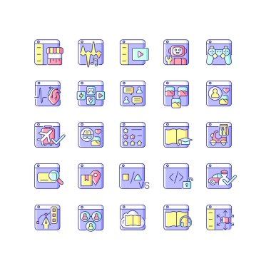 Çevrimiçi platformlar RGB renk simgeleri ayarlandı. E-ticaret. Dijital müzik. Sosyal ağlar. Tıbbi verileri paylaşın. Video oyunları oynuyorum. İzole vektör çizimleri. Basit çizgi çizimleri koleksiyonu