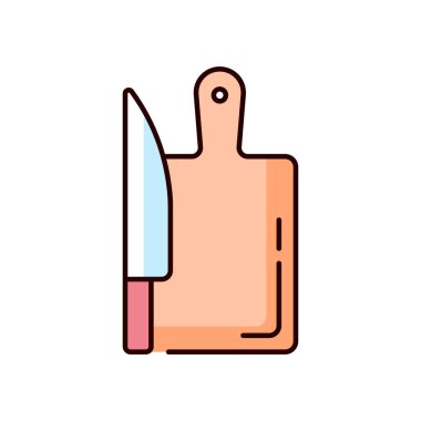 RGB renk simgesi kesiliyor. Bıçakla tahta yüzey. Ev yapımı çatal bıçak takımı. Ev aletleri işte. Yemek pişirme dersi. Yemek hazırlama süreci. İzole vektör çizimi. Basit doldurulmuş çizgi çizimi