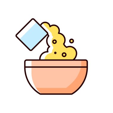 Pişirme malzemesi RGB renk simgesi ekle. Karışıma un dök. Kılavuz basamak. Yemek pişirme dersi. Yemek hazırlama süreci. İzole vektör çizimi. Basit doldurulmuş çizgi çizimi