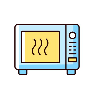 Mikrodalga RGB renk simgesi. Fırından ısıya hazır yemekler. Yemeği fırında kızartıyorum. Yemek pişirme dersi. Yemek hazırlama süreci. İzole vektör çizimi. Basit doldurulmuş çizgi çizimi