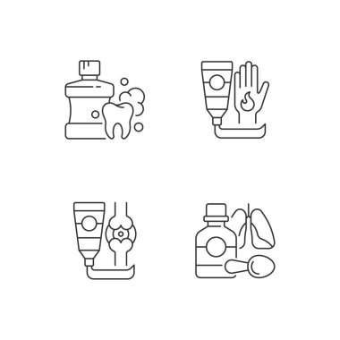 Tıbbi tedavi seçenekleri doğrusal simgeler ayarlandı. Oral sağlık için gargara. Antibakteriyel krem. Öksürük şurubu. Özelleştirilebilir ince çizgi şekilleri. İzole vektör çizimi çizimleri. Düzenlenebilir vuruş
