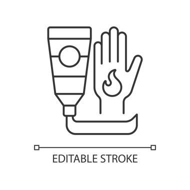 Doğrusal yanık ikonu için merhem. Antibakteriyel krem. Cilt bakım ürünü. Aloe vera uyguluyorum. İnce çizgi özelleştirilebilir illüstrasyon. Contour sembolü. Vektör izole çizim. Düzenlenebilir vuruş