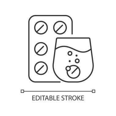 Soğuk gevşetici doğrusal simge için efektif tablet. Öksürük ilacı. Sıvının içinde çözünür. İnce çizgi özelleştirilebilir illüstrasyon. Contour sembolü. Vektör izole çizim. Düzenlenebilir vuruş