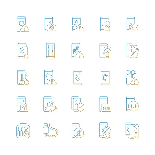スマートフォンの修理グラデーション線形ベクトルアイコンを設定します 携帯電話が改装されます 異なるタイプのデバイスの問題 細い線の輪郭記号バンドル 分離ベクトルアウトラインイラスト集 — ストックベクタ