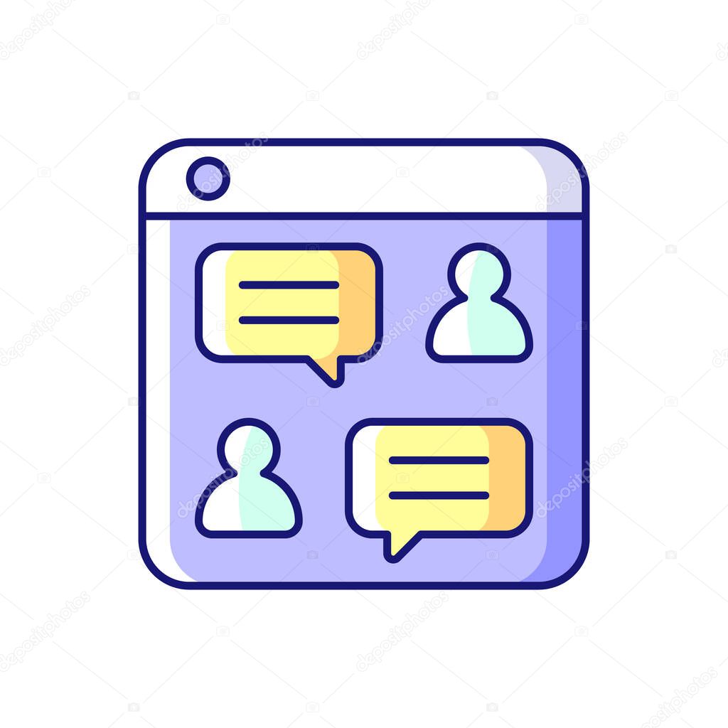 Social discussion platforms RGB color icon. Posting messages and questions on website. Chat rooms. Online forum. Holding conversations. Isolated vector illustration. Simple filled line drawing