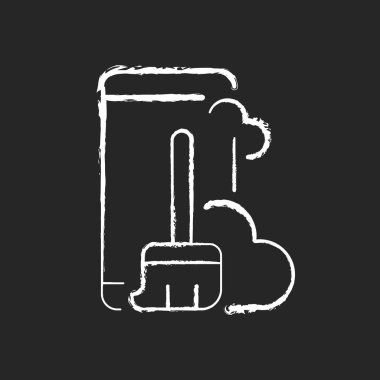 Telefonun içindeki toz ve toprak koyu arkaplanda beyaz tebeşir ikonu. Akıllı telefon ve süpürge. İçerideki lenslerden, hoparlörlerden ve portlardan toz alın. Siyah üzerine izole edilmiş vektör çizimi