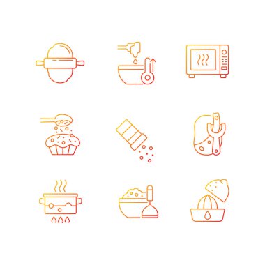Pişirme gradyanı doğrusal vektör simgeleri ayarlanıyor. Aşçılık basamakları. Ev yapımı yemekler. Tatlı pişir. Yemek hazırlama talimatları. İnce çizgili sembol demetleri. İzole vektör ana hatları illüstrasyon koleksiyonu