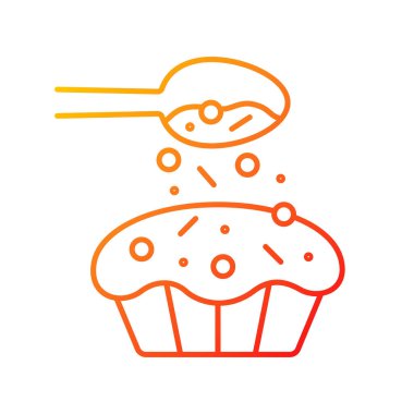 Pişirme gradyan doğrusal vektör simgesi için serpin. Kekin üstüne kaşıktan malzeme dökmek. Tatlı tarifi. İnce çizgi renkli semboller. Modern tarz pictogram. Vektör izole çizimi