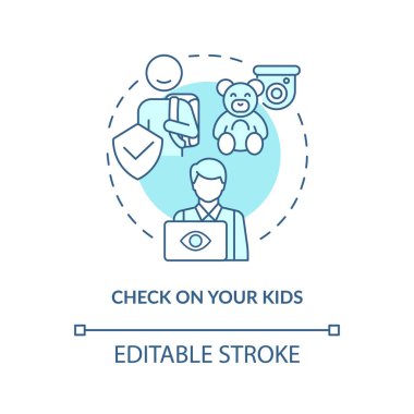 Çocuğunuzun mavi konsept ikonuna bakın. Uzaktan izleme avantajı soyut fikir ince çizgi çizimi. Çocukların bakımı ve davranış kontrolü. Vektör izole edilmiş dış hat renk çizimi. Düzenlenebilir vuruş