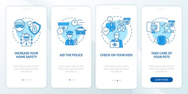 Seyyar uygulama sayfa ekranında ev gözlemi uzmanları var. Ev güvenlik sistemleri konseptlerle birlikte dört aşamalı grafik talimatları gözden geçirir. UI, UX, doğrusal renk çizimleri olan GUI vektör şablonu
