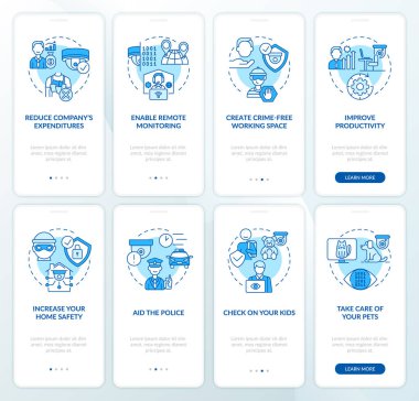 Mobil uygulama sayfasındaki güvenlik kameraları hazır. Gözetleme sistemi, konseptlerle birlikte dört aşamalı grafik talimatları gözden geçiriyor. UI, UX, doğrusal renk çizimleri olan GUI vektör şablonu