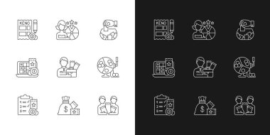Kumar oyunu tipleri karanlık ve aydınlık mod için doğrusal simgeler ayarlandı. Yarışma programı. Keno oyunu. Piyango. Piyango temsilcisi. Özelleştirilebilir ince çizgi sembolleri. İzole vektör çizimi çizimleri. Düzenlenebilir vuruş