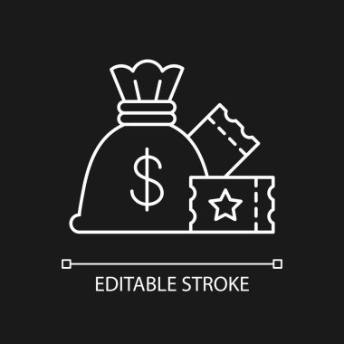 Koyu tema için Lump-sum ödeme beyaz doğrusal simge. Bir kerelik nakit ödeme. İkramiyeyi hemen topluyorum. İnce çizgi özelleştirilebilir illüstrasyon. Gece modu için izole vektör kontur sembolü. Düzenlenebilir vuruş