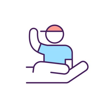 Gönüllü RGB renk simgesi gönderiliyor. İnsani yardım kuruluşları ve programları destekleyen insanlar. Uluslararası dayanışma servisi. İzole vektör çizimi. Basit doldurulmuş çizgi çizimi