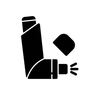 Soluk açıcı siyah kabartma simgesi. Alerji spreyi. Astım krizlerini önlüyor. Ciğerlere ve solunum yollarına ilaç verin. Taşınabilir tıbbi cihaz. Beyaz uzayda siluet sembolü. Vektör izole illüstrasyonu