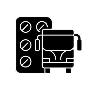 Hareket tutması için siyah kabartma ikonu. Bulantı ve kusma azalıyor. Seyahat hastalığını önlemek için. Baş dönmesi, kusma tedavisi. Beyaz uzayda siluet sembolü. Vektör izole illüstrasyonu