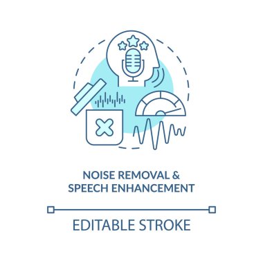 Gürültü temizleme mavi konsept simgesi. Konuşma geliştirme. Kurye için ses kaydı. Mesajlaşma yazılımı soyut fikir ince çizgi çizimi. Vektör izole edilmiş dış hat renk çizimi. Düzenlenebilir vuruş