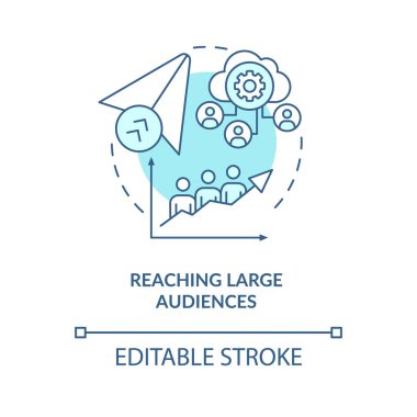 Büyük izleyicilerin mavi konsept ikonuna ulaşılıyor. İş için iletişim hizmeti. Mesajlaşma yazılımı soyut fikir ince çizgi çizimi. Vektör izole edilmiş dış hat renk çizimi. Düzenlenebilir vuruş