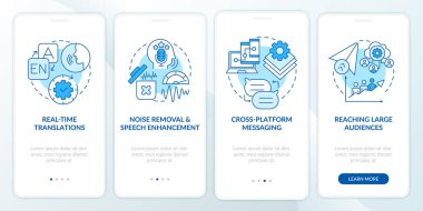 IM gelişmiş özellikli mavi, mobil uygulama sayfası ekranında. Çapraz platform mesajlaşması konseptlerle birlikte 4 aşamalı grafik talimatlar. UI, UX, doğrusal renk çizimleri olan GUI vektör şablonu