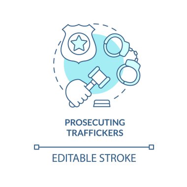 Kaçakçıları kovuşturmak mavi konsept ikonu. İnsan ticareti suçlarına karşı kanunlar soyut fikir ince çizgili çizgiler çiziyor. Kaçakçı gözaltında. Vektör izole edilmiş dış hat renk çizimi. Düzenlenebilir vuruş