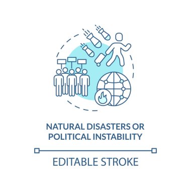 Doğal afetler ya da siyasi istikrarsızlık mavi konsept ikonu. Kölelik ve soyut fikir kaçakçılığı nedenleri ince çizgi çizimi. Vektör izole edilmiş dış hat renk çizimi. Düzenlenebilir vuruş