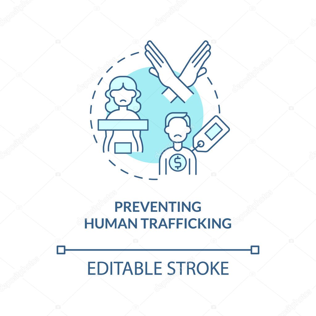 Preventing human slavery blue concept icon. Stop human trade abstract idea thin line illustration. Abolish slavery and trafficking. Vector isolated outline color drawing. Editable stroke