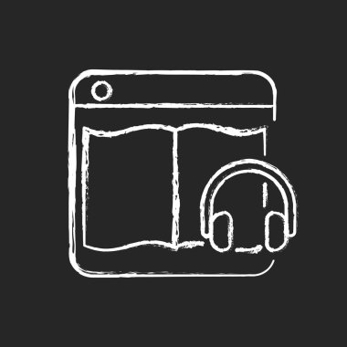 Audiobook çevrimiçi platformları koyu arkaplanda beyaz tebeşir simgesi. Dinleme ve yayın podcast 'leri. Dijital koleksiyon. Zaman yönetimini geliştiriyorum. Siyah üzerine izole edilmiş vektör çizimi