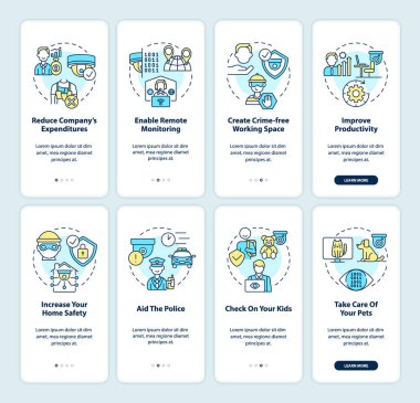 Mobil uygulama sayfa ekranındaki izleme sistemleri. Güvenlik kameraları, konseptlerle birlikte dört adımlık grafik talimatları inceliyor. UI, UX, doğrusal renk çizimleri olan GUI vektör şablonu