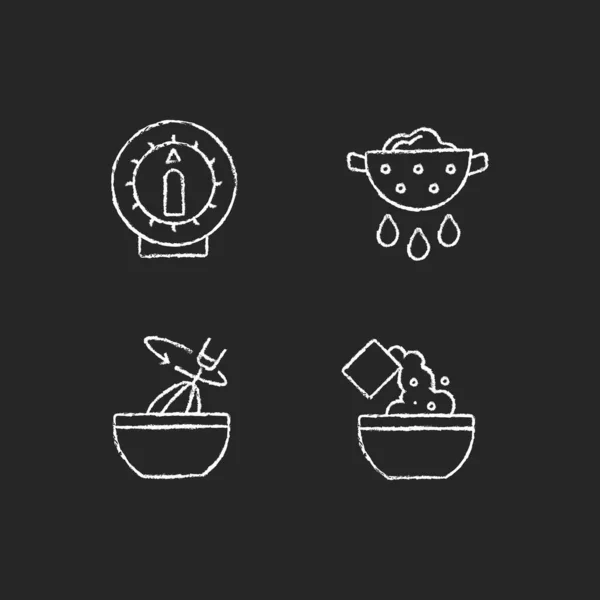 食物准备粉笔白色图标设置在黑暗的背景 厨房定时器 抽干多余的水或油 搅拌与威士忌 烹饪指导 收治步骤 黑色上孤立的矢量黑板插图 — 图库矢量图片