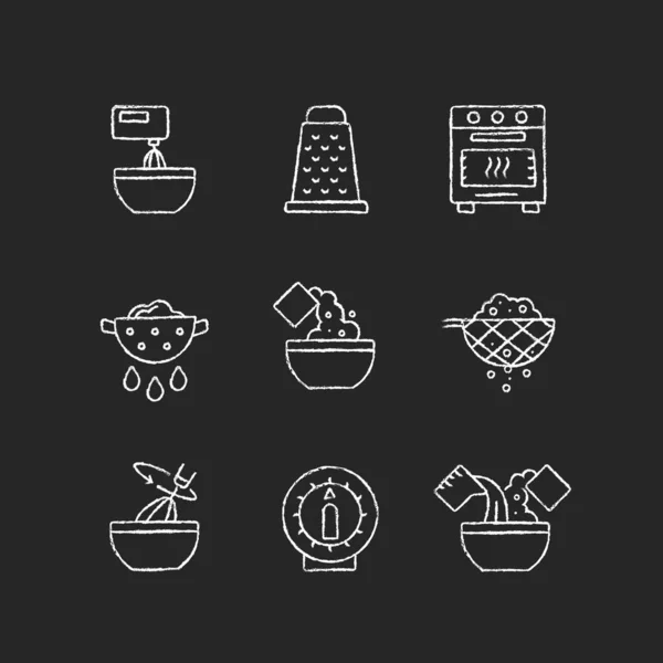 食物烹调说明粉笔白色图标设置在黑暗的背景 用碗打配料 切割的木箱 准备食物的过程 黑色上孤立的矢量黑板插图 — 图库矢量图片
