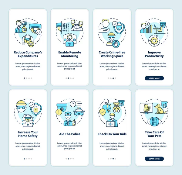 Mobil uygulama sayfa ekranındaki izleme sistemleri. Güvenlik kameraları, konseptlerle birlikte dört adımlık grafik talimatları inceliyor. UI, UX, doğrusal renk çizimleri olan GUI vektör şablonu