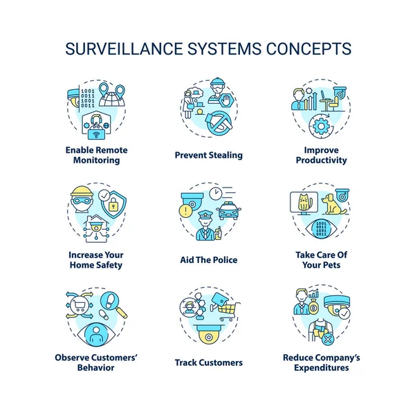 Набор Иконок Системы Наблюдения Домашние Деловые Торговые Камеры Безопасности Иллюстрация — стоковый вектор