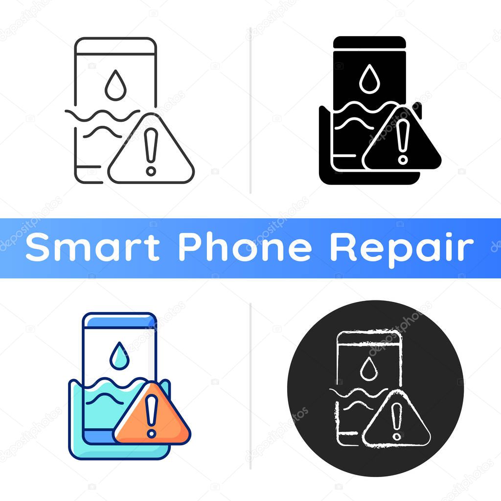 Water damage icon. Fix liquid damaged mobile phone. Drop smartphone into water. Solve drown device issue. Waterproof function. Linear black and RGB color styles. Isolated vector illustrations