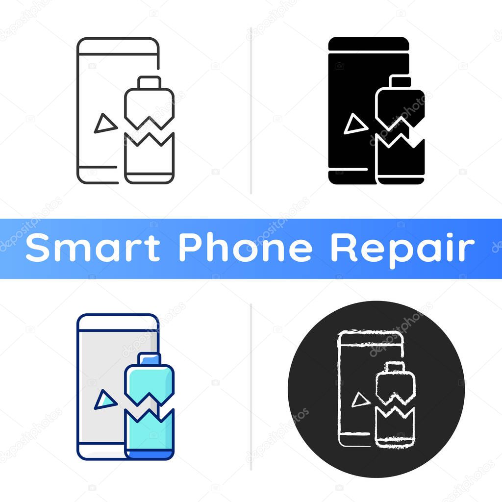 Battery not charging icon. Charging slowly. Battery drains fast problem. Charging related issue solution. Low power. Linear black and RGB color styles. Isolated vector illustrations